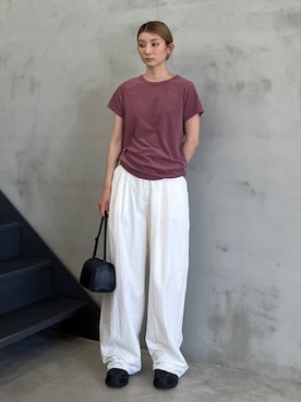 「select MOCA（セレクトモカ）のベーシックパイルTシャツ（Tシャツ/カットソー、パープル系）」を使った、momokaさん（レディース・158cm）の夏コーディネート