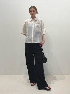 「select MOCA（セレクトモカ）のシアーストライプショートシャツ（シャツ/ブラウス、ホワイト系）」を使った、momokaさん（レディース・158cm）の春コーディネート