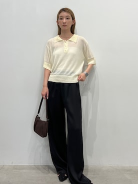 「select MOCA（セレクトモカ）のシアーサマーシンプルポロニット（ニット/セーター、ホワイト系）」を使った、momokaさん（レディース・158cm）の夏コーディネート