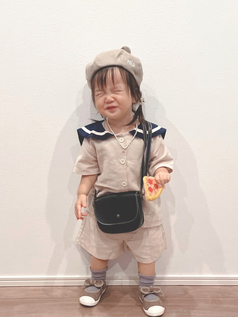 「キッズコーデ、マリンコーデ、セットアップ、セーラーカラー、ベレー帽、ショルダーバッグ、ポシェット、韓国子供服、女の子、おしゃれさんと繋がりたい」｜「🧸♡のアイテム（その他、その他）」を使った、✿KURiMi✿さん（キッズ・100cm）の夏コーディネートの1枚目の写真