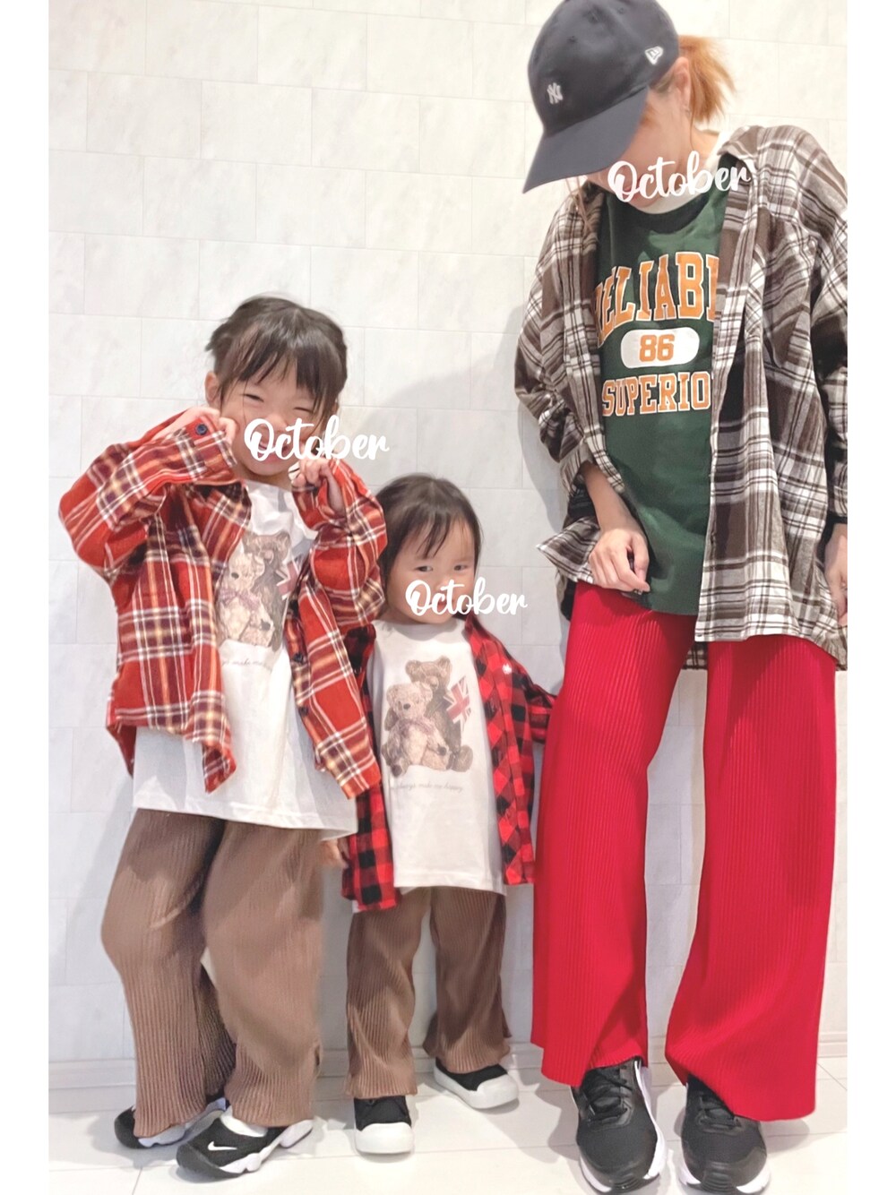 「チェック、NIKE、キャップ、しまむら、ブラウン、プチプラ、休日コーデ、親子コーデ、シャツスタイル、エアリフト、プリーツパンツ、リンクコーデ、キッズファッション、おやこーで。、シミラールック」｜「♡のアイテム（その他、その他）」を使った、✿KURiMi✿さん（キッズ・100cm）の秋コーディネートの1枚目の写真
