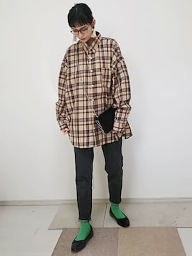 「BACK NUMBER（バックナンバー）の【BACK NUMBER】ビッグシルエットチェックシャツ（シャツ/ブラウス）」を使った、risa.ronoさん（レディース・158cm）の春コーディネート