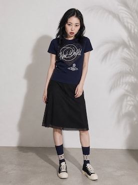 「Vivienne Westwood（ヴィヴィアンウエストウッド）のアイテム（Tシャツ/カットソー、ブラック系）」を使った、Sayakaさん（レディース・169cm）の夏コーディネート