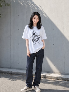 「Vivienne Westwood MAN（ヴィヴィアンウエストウッドマン）のLittle Cities Star RELAX T-SHIRT（Tシャツ/カットソー、ホワイト系）」を使った、Sayakaさん（レディース・169cm）の夏コーディネート