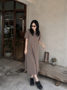 「ワークマンのアイテム（ワンピース、ブラウン系）」を使った、Sayakaさん（レディース・169cm）の夏コーディネート