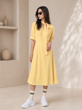 「UNIQLO（ユニクロ）のアイテム（ワンピース、イエロー系）」を使った、Sayakaさん（レディース・169cm）の夏コーディネート