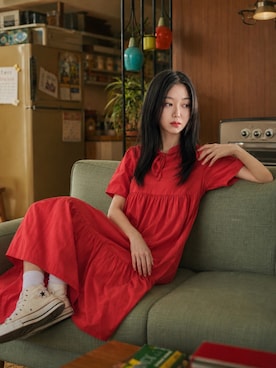 「MILKFED.（ミルクフェド）のアイテム（ワンピース、レッド系）」を使った、Sayakaさん（レディース・169cm）の春コーディネート