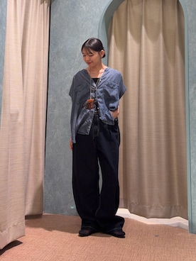 「Jena espace merveilleux(ジェナ エスパスメルヴェイユ)の【サラサラ半袖デニム】テンセルフレンチシャツ(シャツ/ブラウス、ブルー系)」を使った、たむさん(レディース・155cm)の夏コーディネート