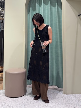 「Jena espace merveilleux(ジェナ エスパスメルヴェイユ)の〈8/15インスタライブご紹介アイテム〉【PalinkA/パリンカ】レース刺繍キャミワンピース(ワンピース、ブラック系)」を使った、たむさん(レディース・155cm)の夏コーディネート