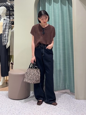「Jena espace merveilleux(ジェナ エスパスメルヴェイユ)のフレンチメッシュニット(ニット/セーター、ブラウン系)」を使った、たむさん(レディース・155cm)の夏コーディネート
