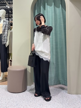 「Jena espace merveilleux(ジェナ エスパスメルヴェイユ)の【頑張らなくても様になる】グログラントロミパンツ(その他パンツ、ブラック系)」を使った、たむさん(レディース・155cm)の夏コーディネート