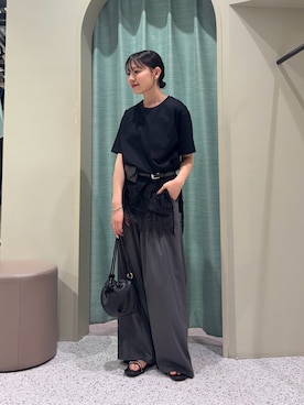 「Jena espace merveilleux(ジェナ エスパスメルヴェイユ)の裾レース切替カットソー(Tシャツ/カットソー、ブラック系)」を使った、たむさん(レディース・155cm)の夏コーディネート