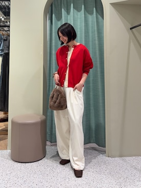 「Jena espace merveilleux(ジェナ エスパスメルヴェイユ)の袖ビハイメッシュカーディガン(ニット/セーター、レッド系)」を使った、たむさん(レディース・155cm)の夏コーディネート