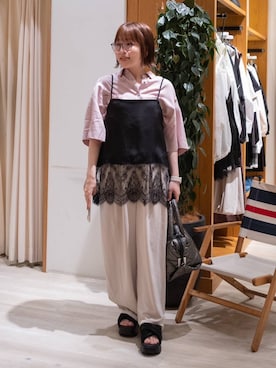 「BAYFLOW（ベイフロー）の[簡単ブラウジング仕様]2WAYスタンダート半袖シャツ（シャツ/ブラウス、パープル系）」を使った、momokaさん（レディース・159cm）の夏コーディネート
