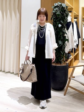 「LOWRYS FARM（ローリーズファーム）のパールタレンネックレス　249411（ネックレス、ホワイト系）」を使った、momokaさん（レディース・159cm）の春コーディネート