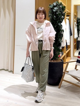 「BAYFLOW（ベイフロー）の[ヴィンテージ感のある風合い]ピグメントロゴ半袖Tシャツ（Tシャツ/カットソー、ホワイト系）」を使った、momokaさん（レディース・159cm）の春コーディネート