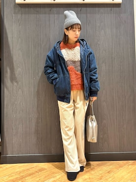 「アイテム（帽子）」を使った、meiさん（レディース・153cm）の冬コーディネート