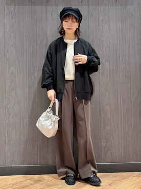 「SHOO・LA・RUE（シューラルー）の【洗濯機可/S-LL】さらっと快適　麻調ゆるブルゾン（ブルゾン、ブラック系）」を使った、meiさん（レディース・153cm）の春コーディネート