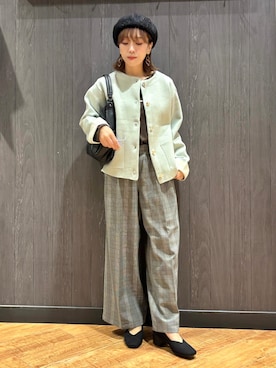 「SHOO・LA・RUE（シューラルー）の【S-LL/洗濯機可/静電気防止】もちもち配色ダブルフェイスカーディガン（カーディガン/ボレロ、グリーン系）」を使った、meiさん（レディース・153cm）の秋コーディネート