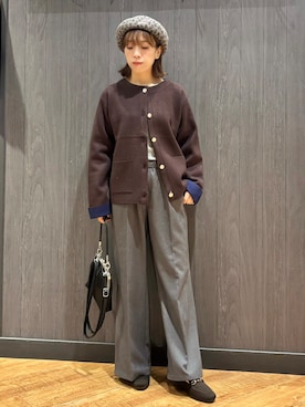 「SHOO・LA・RUE（シューラルー）の【S-LL/洗濯機可/静電気防止】もちもち配色ダブルフェイスカーディガン（カーディガン/ボレロ、ブラウン系）」を使った、meiさん（レディース・153cm）の秋コーディネート