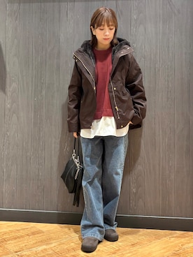 「SHOO・LA・RUE（シューラルー）の【S-LL】着るだけできまる シャツレイヤード風 スポンディッシュニット（ニット/セーター、レッド系）」を使った、meiさん（レディース・153cm）の秋コーディネート