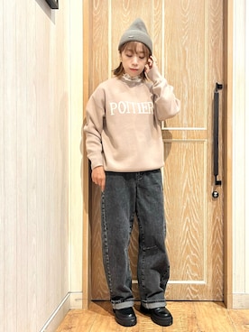 「ロゴニット」｜「アイテム（ニットキャップ/ビーニー）」を使った、meiさん（レディース・153cm）の冬コーディネート