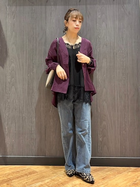 「SHOO・LA・RUE（シューラルー）の【S-LL/洗濯機可】着痩せシルエット シャーリングシャツカーディガン（カーディガン/ボレロ、パープル系）」を使った、meiさん（レディース・153cm）の秋コーディネート