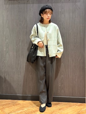 「SHOO・LA・RUE（シューラルー）の【S-LL/洗濯機可/静電気防止】もちもち配色ダブルフェイスカーディガン（カーディガン/ボレロ、グリーン系）」を使った、meiさん（レディース・153cm）の秋コーディネート