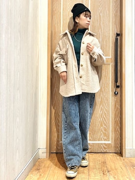 「タートルネック」｜「アイテム（ニットキャップ/ビーニー）」を使った、meiさん（レディース・153cm）の冬コーディネート