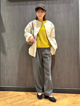 「SHOO・LA・RUE（シューラルー）の【撥水/S-LL/洗濯機可】ウエスト絞れる キルト中綿ジャケット（ノーカラージャケット、ホワイト系）」を使った、meiさん（レディース・153cm）の秋コーディネート
