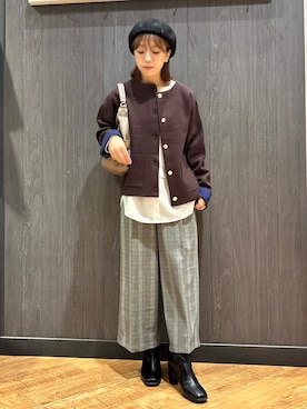 「SHOO・LA・RUE（シューラルー）の【S-LL/洗濯機可/静電気防止】もちもち配色ダブルフェイスカーディガン（カーディガン/ボレロ、ブラウン系）」を使った、meiさん（レディース・153cm）の秋コーディネート