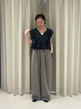 「KBF（ケイビーエフ）のパイピングイージーパンツ（その他パンツ、ブラウン系）」を使った、ゆうりさん（レディース・158cm）の夏コーディネート