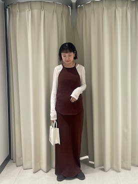 「KBF（ケイビーエフ）のメランジRIBタンクトップ（タンクトップ、ブラウン系）」を使った、ゆうりさん（レディース・158cm）の春コーディネート