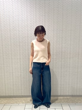 「KBF（ケイビーエフ）のコットンミニマルニットベスト（ベスト、ピンク系）」を使った、ゆうりさん（レディース・158cm）の夏コーディネート