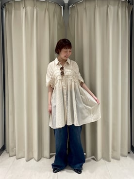 「KBF（ケイビーエフ）のターンナップシャーリングミニワンピース（ワンピース、ホワイト系）」を使った、ゆうりさん（レディース・158cm）の夏コーディネート