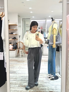 「mystic（ミスティック）のオフショル袖バルーンブラウス（シャツ/ブラウス、ホワイト系）」を使った、nanaさん（レディース・161cm）の夏コーディネート