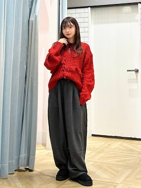 「アイテム（ポロシャツ、レッド系）」を使った、さちぃさん（レディース・153cm）の秋コーディネート