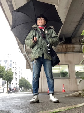 「アイテム（ミリタリージャケット）」を使った、ひとはこさん（メンズ・176cm）の冬コーディネート