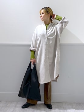 「GLOBAL WORK（グローバルワーク）の着丈選べるコールシャツワンピース/164268（ワンピース、ホワイト系）」を使った、ひろちゃん☆相互さん（レディース・155cm）の秋コーディネート