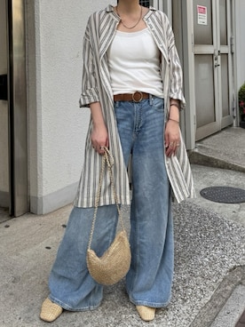 「シャツワンピ」｜「アイテム（デニムパンツ）」を使った、LBC STAFFさん（レディース・160cm）の夏コーディネート
