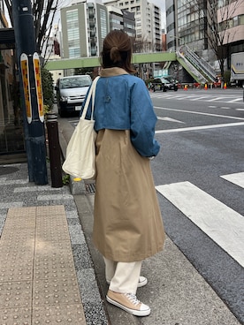 「ママファッション」｜「アイテム（ステンカラーコート）」を使った、LBC STAFFさん（レディース・157cm）の春コーディネート