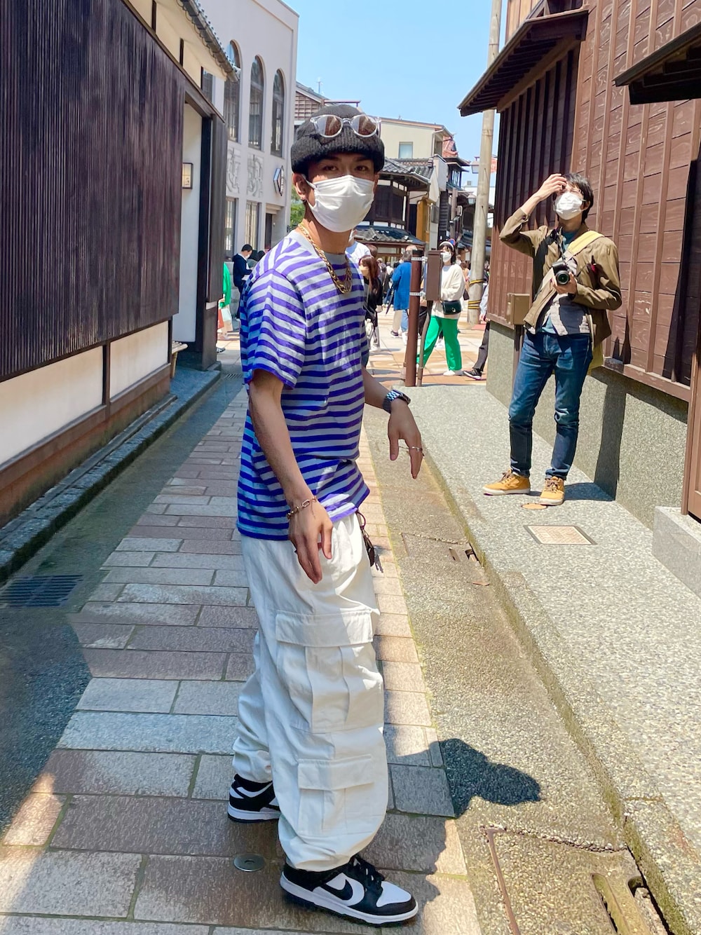 「お洒落さんとつながりたい、スニーカー、dunk、carhartt、stussy、NIKE、Tシャツ、低身長、スニーカーコーデ、シャツコーデ、シャツスタイル、ストリート」｜「Carhartt WIPのS/S SCOTTY POCKET T-SHIRT（Tシャツ/カットソー、パープル系）」を使った、しゅへさん（メンズ・165cm）の春コーディネートの1枚目の写真