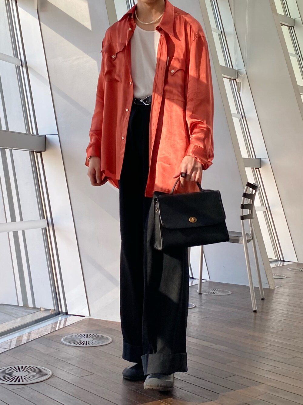「だから秋服が好き、秋コーデ、オーバーサイズ、今日のコーデ、いいね、save、フォローお願いします🤑、タックイン、相互フォロー、休日スタイル、DAIRIKU、80年代」｜「DAIRIKUのアイテム（シャツ/ブラウス、オレンジ系）」を使った、ゆうくんさん（メンズ・175cm）の秋コーディネートの1枚目の写真