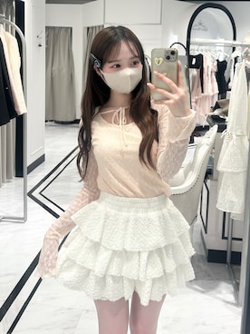 「OLIVE des OLIVE(オリーブデオリーブ)の【Belle Charme】Heart Charm Lace Tops(Tシャツ/カットソー、ピンク系)」を使った、Yu.さん(レディース・150cm)の春コーディネート