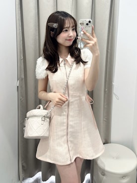 「OLIVE des OLIVE(オリーブデオリーブ)の【Belle Charme】Twinkle Fur Sleeves Onepiece(ワンピース、ピンク系)」を使った、Yu.さん(レディース・150cm)の春コーディネート
