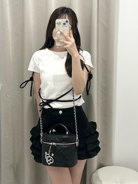 「OLIVE des OLIVE(オリーブデオリーブ)の【Belle Charme】Ribbon Detail Tee(Tシャツ/カットソー、ホワイト系)」を使った、Yu.さん(レディース・150cm)の夏コーディネート