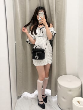 「OLIVE des OLIVE(オリーブデオリーブ)の【Belle Charme】Frill Offshoulder Onepiece(ワンピース、ホワイト系)」を使った、Yu.さん(レディース・150cm)の夏コーディネート