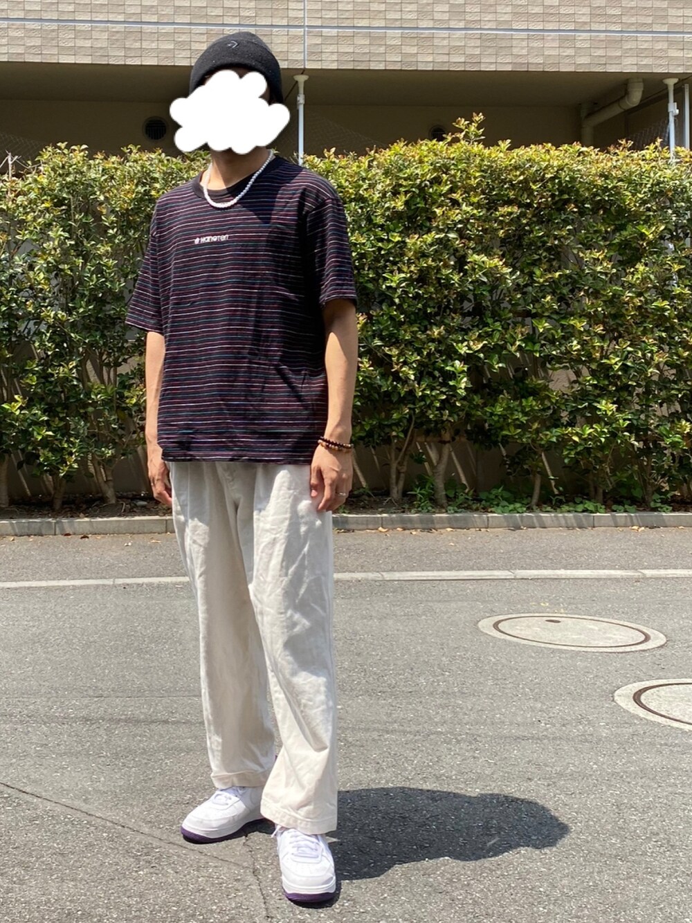 「夏、お洒落さんとつながりたい、スニーカーコーデ、ボーダー、ビッグシルエット、カジュアル、いいね、save、フォローお願いします🤑、ストリート、プチプラコーデ、GU」｜「GUのアイテム（Tシャツ/カットソー、ブラック系）」を使った、Takaさん（メンズ・171cm）の夏コーディネートの1枚目の写真