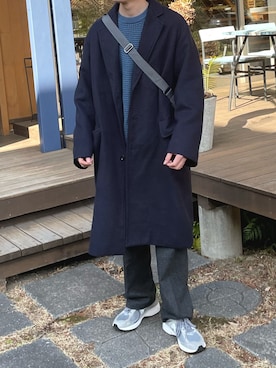「WYM LIDNM（ウィム バイ リドム）のアイテム（チェスターコート）」を使った、komさん（メンズ・175cm）の冬コーディネート