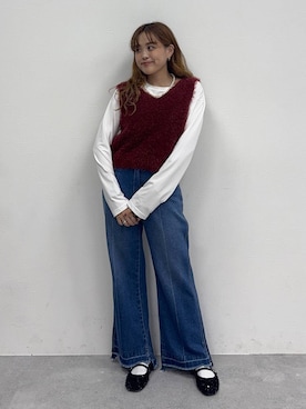 「アイテム（ベスト、レッド系）」を使った、Ayaさん（レディース・152cm）の秋コーディネート